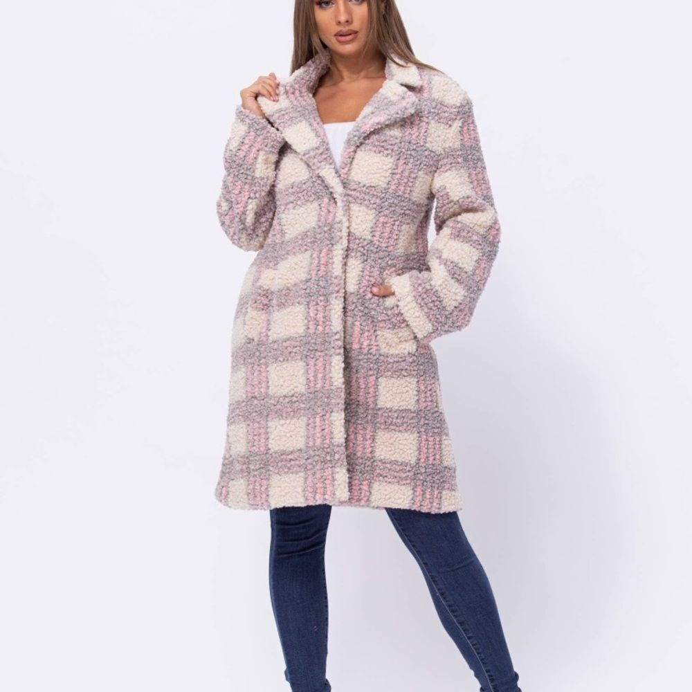 Pink Fluffy Plaid Coat